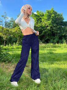 EURMUSE Women's Drawstring Waist Long Pants - Navy Blue - View 3