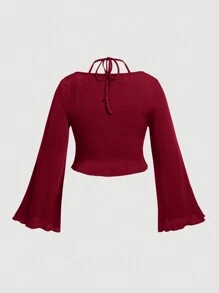 SHEIN MOD Plus Draped Collar Tie Back Trumpet Sleeve Ruched Tee - Burgundy - View 2