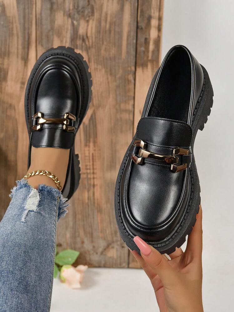 Women s Fashionable Plus Size Thick Sole Loafers With Metal Buckle SHEIN USA