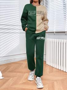SHEIN Unity 2pcs/set Colorblocked Letter Print Sweatshirt And Sweatpants Suit - Multicolor - View 3