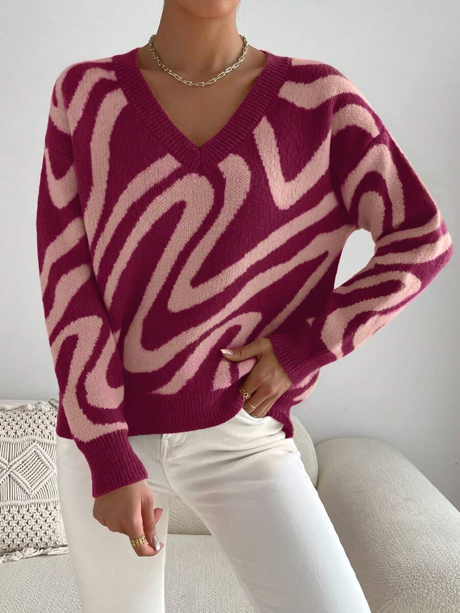 SHEIN Essnce Allover Pattern Drop Shoulder Sweater - Rose Red - View 1