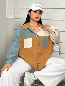 SHEIN EZwear Plus Colorblock Drop Shoulder Corduroy Coat - Multicolor - View 5