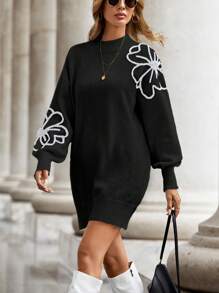 SHEIN LUNE Floral Pattern Drop Shoulder Sweater Dress - Black - View 3