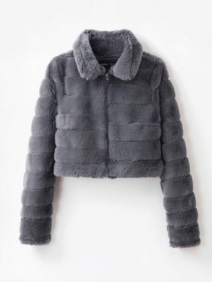 SHEIN Unity Faux Rabbit Hair Drawstring Fur Coat - Grey - View 1