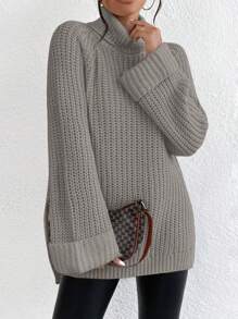 EURMUSE Turtleneck Raglan Sleeve Split Hem Sweater - Grey - View 6