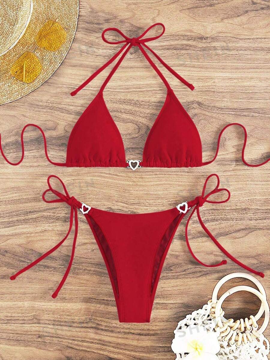 SHEIN Swim Conjunto de bikini de triángulo con escote halter en forma de corazón para playa de verano