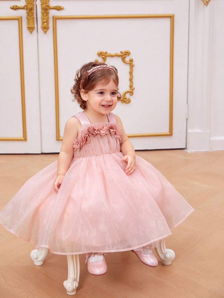 Baby Girls' Gorgeous 3d Flower Patchwork Organza Dress With Vest Design