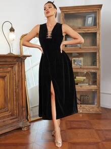 極簡性感深v領無袖天鵝絨派對裙 - 黑色 - 查看 1