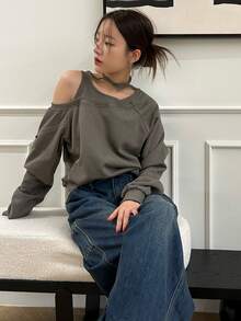 DAZY Chất rắn Cổ không đối xứng Áo nỉ - Màu Khaki - Xem 6