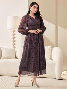 Modelyn Tay áo lồng đèn Eo Ruched Váy sequin - Màu đỏ tím - Xem 5