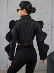 SHEIN ICON Solid Color Wave Edge Jacket - Black - View 2