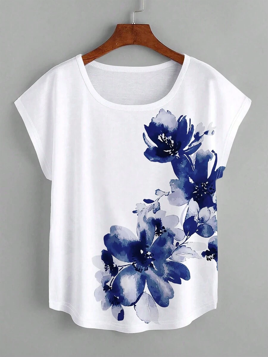 SHEIN LUNE 花卉印花寬袖t恤 - 白色 - 查看 1