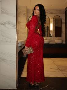 SHEIN SXY Váy sequin hở lưng màu đỏ dành cho nữ dự tiệc Giáng sinh & năm mới với đường cắt phía trước và thắt nút - Đỏ - Xem 5