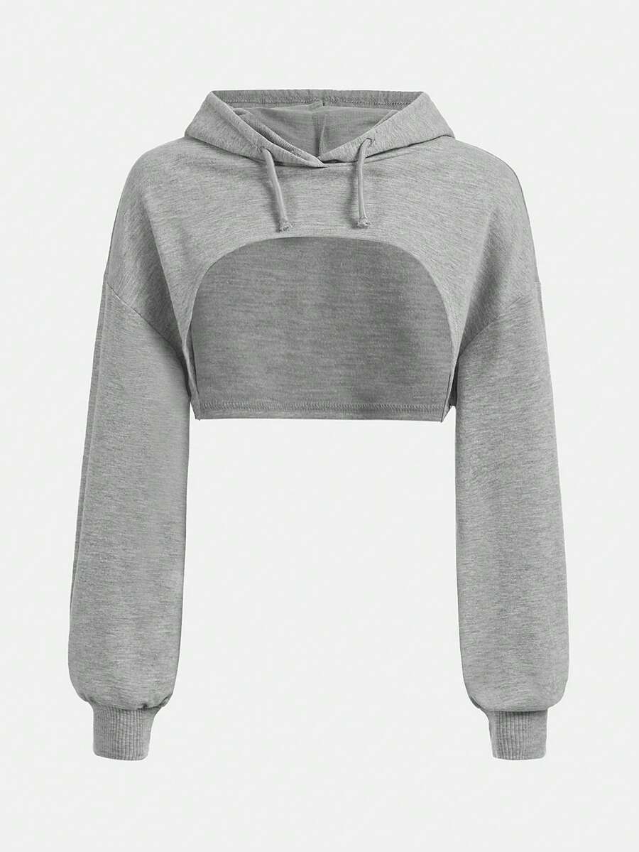 SHEIN Tween Girl Drop Shoulder Super Crop Drawstring Sweatshirt - Light Grey - View 1