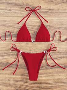 SHEIN Swim Conjunto de bikini de triángulo con escote halter en forma de corazón para playa de verano