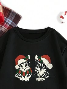 SHEIN EZwear 女款聖誕印花運動衫 - 黑色 - 查看 3