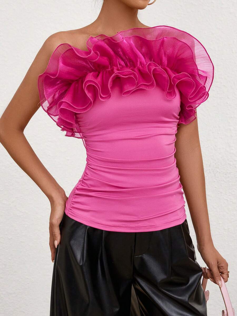 SHEIN Privé Áo yếm nữ Slim-Fit có viền xù - Màu tím - Xem 1