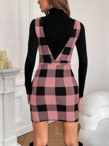 SHEIN Privé 女士格紋無袖連身裙 - 粉色 - 查看 2