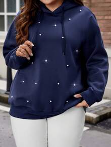 Celure Plus Size Pearls Beaded Drop Shoulder Drawstring Sweatshirt - Navy Blue - View 3