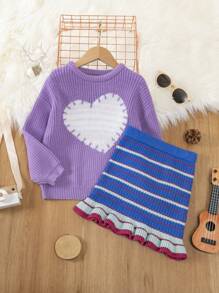 SHEIN Little Girls' Heart Pattern Sweater And Skirt Set - Multicolor - View 1