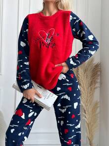 RueChic Letter And Heart Embroidery Flannel Pajama Set - Red - View 5