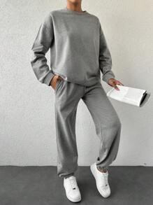 EURMUSE Drop Shoulder Sweatshirt & Sweatpants - Grey - View 6