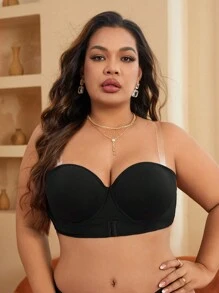 Plus Transparent Strap Push Up Bra - Black - View 6