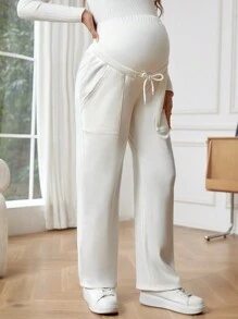 SHEIN Maternity Beige High Waisted Straight Leg Pants - Beige - View 3