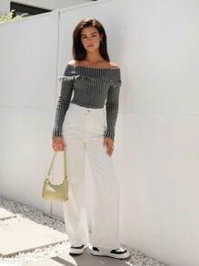 SHEIN EZwear Off Shoulder Xén Thô Áo len - Xám - Xem 5