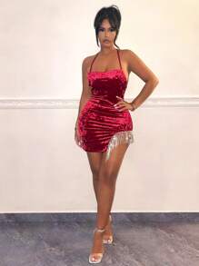 SHEIN SXY 流蘇邊交叉露背不對稱下擺天鵝絨掛脖聖誕性感連身裙 - 紅色 - 查看 7