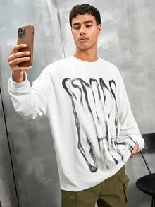 Manfinity EMRG 男士字母圖案落肩 T 卹 - 白色 - 查看 3