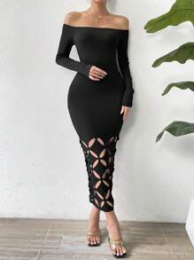 Rafferiza Đầm Ôm Body Khoét Hở Vai Maxi Trang Phục Nữ - màu đen - Xem 5