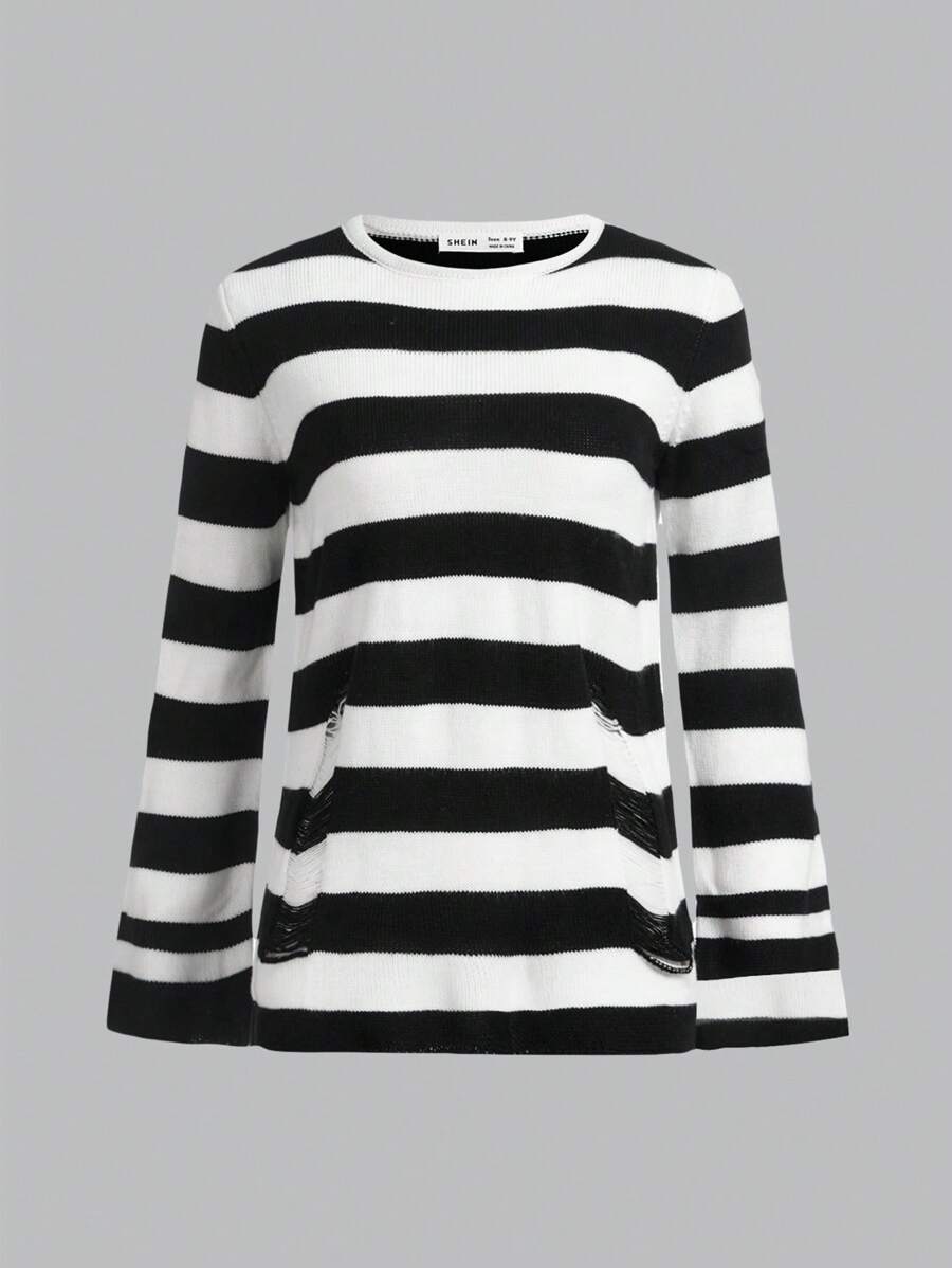 Teen Girl Striped Pattern Ripped Sweater