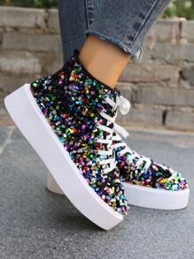 女士闪亮亮片休闲运动鞋，时尚个性亮面运动鞋 - 白色 - 查看 1