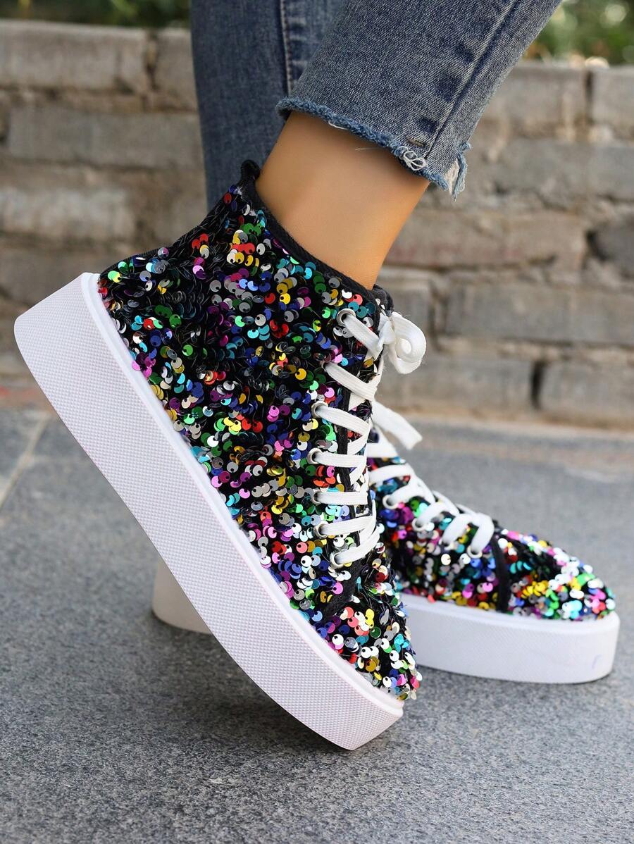 女士闪亮亮片休闲运动鞋，时尚个性亮面运动鞋 - 白色 - 查看 1