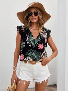 SHEIN VCAY Tropical Print Guipure Lace Panel Blouse - Multicolor - View 5