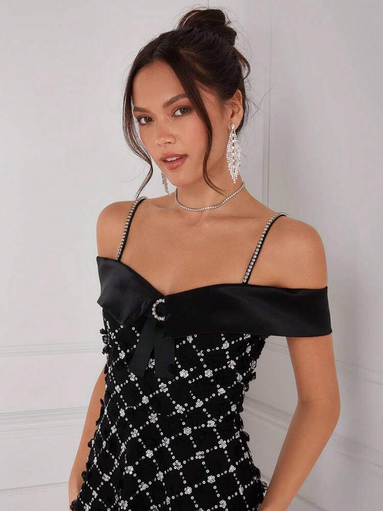 Enchnt Ladies' Off Shoulder Strap Dress With Floral Print And Rhinestone Embellishment - Black - View 5
