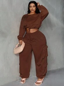 Slaydiva Kích thước lớn Hem Dây rút Hoodie Và Quần thể thao Bộ - màu nâu - Xem 1