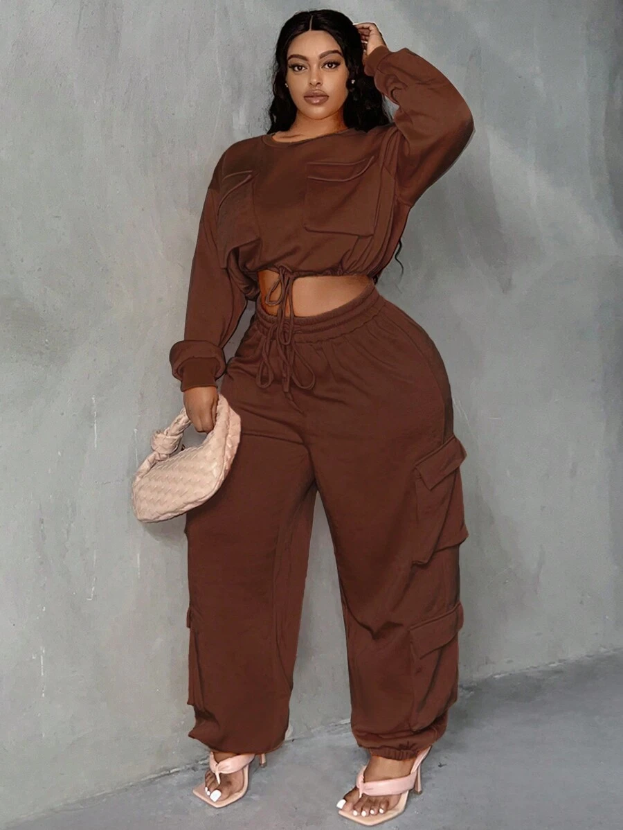 Slaydiva Kích thước lớn Hem Dây rút Hoodie Và Quần thể thao Bộ - màu nâu - Xem 1