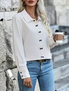 SHEIN Clasi Của phụ nữ DOUBLE-BREASTED Nút-Mặt trước Áo sơ mi - Màu be - Xem 6