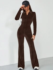 SHEIN EZwear Bộ đồ liền thân tay dài loe có khóa kéo phía trước ôm sát dành cho nữ - Cà phê nâu - Xem 5
