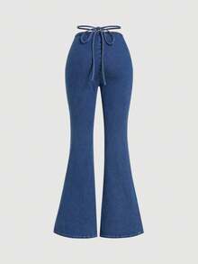 SHEIN ICON 女士腰部交叉打結喇叭牛仔褲 - 深色水洗藍 - 查看 2