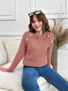 RueChic Teen Girls' Button-down Drop Shoulder Sleeve Sweater - Watermelon Pink - View 1