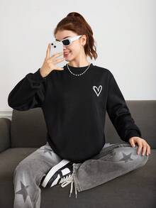 Teen Girl Heart Print Drop Shoulder Sweatshirt - Black - View 5