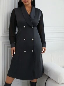 SHEIN Essnce Kích thước lớn DOUBLE-BREASTED Cape Vòng cổ Đầm - màu đen - Xem 4