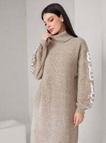 Mulvari High Neck Sweater Dress With Text Pattern - Apricot - View 2