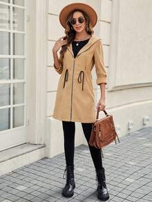 Chiquease Drawstring Waist Zip Up Hooded Coat - Khaki - View 3