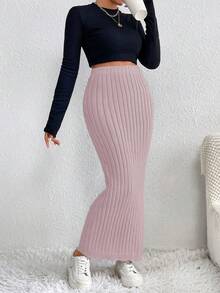 SHEIN Essnce Falda De Suéter De Punto Acanalado Para Mujer - Rosa - Ver 4