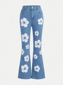 SHEIN Tween Girl Floral Print Flare Leg Jeans - Baby Blue - View 1