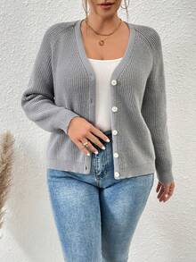SHEIN Franclia Plus Raglan Sleeve Button Front Cardigan - Grey - View 5